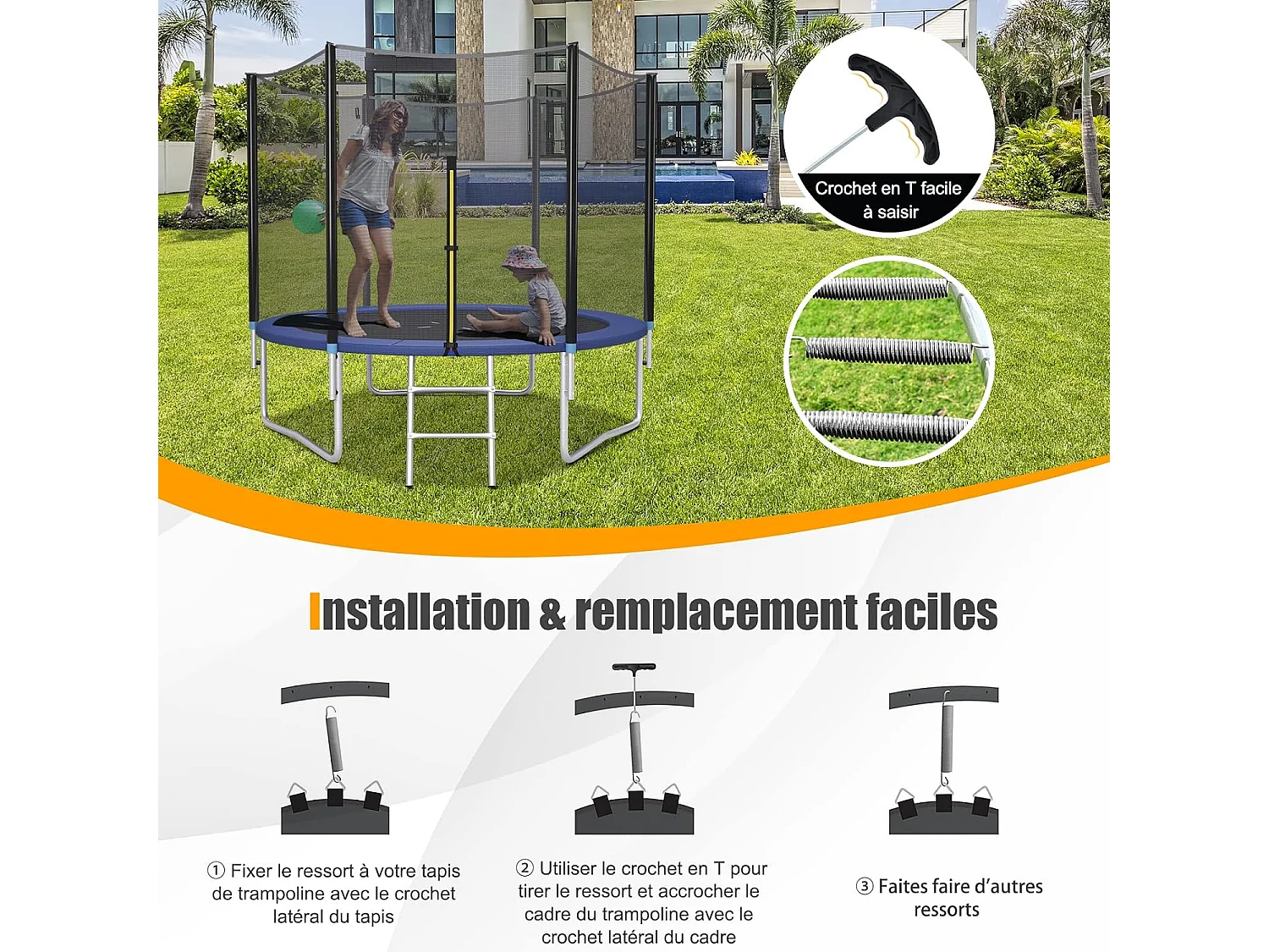 Lot de 20 Ressorts de Trampoline, Ressorts en Acier Galvanisé Robuste, avec Outil de Traction en T, Kit de Remplacement de Trampoline Antirouille, 14CM