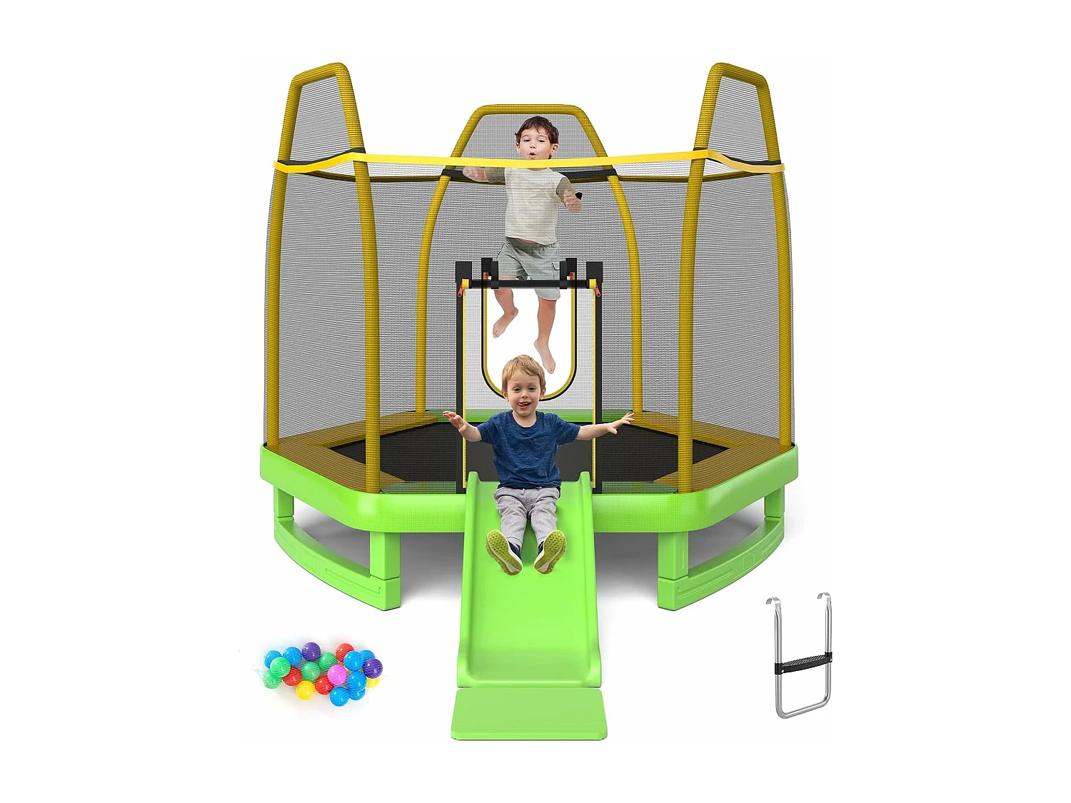 Trampoline Extérieur Ø 223cm Enfants avec Filet de Sécurité, Trampoline de Jardin Rond avec 6 Poteaux Recouvert de Mousse, Charge150KG pour 2-3 Enfants de 3 Ans+