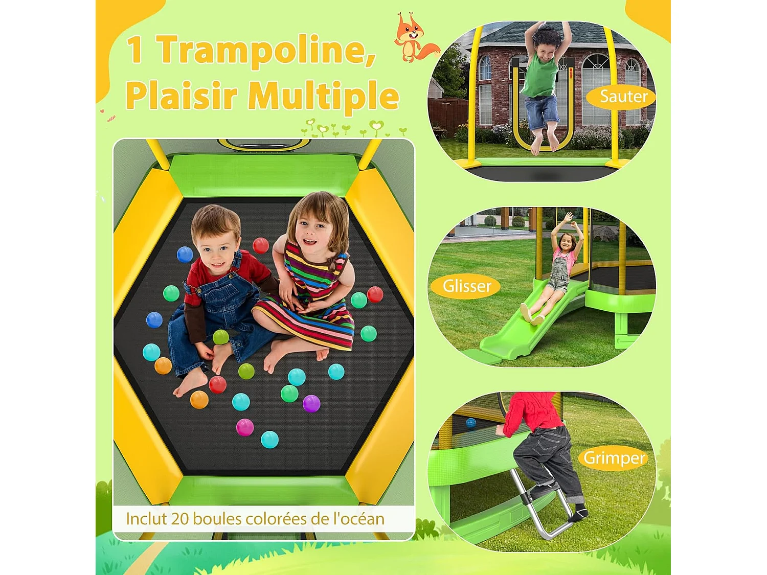 Trampoline Extérieur Ø 223cm Enfants avec Filet de Sécurité, Trampoline de Jardin Rond avec 6 Poteaux Recouvert de Mousse, Charge150KG pour 2-3 Enfants de 3 Ans+