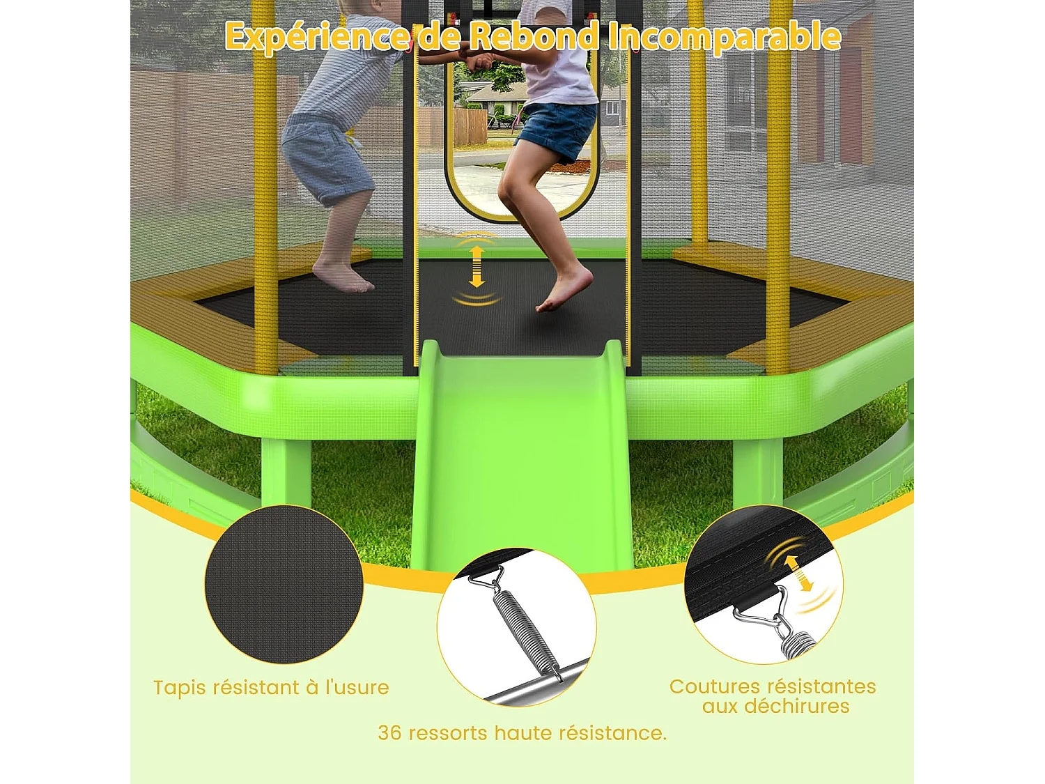 Trampoline Extérieur Ø 223cm Enfants avec Filet de Sécurité, Trampoline de Jardin Rond avec 6 Poteaux Recouvert de Mousse, Charge150KG pour 2-3 Enfants de 3 Ans+