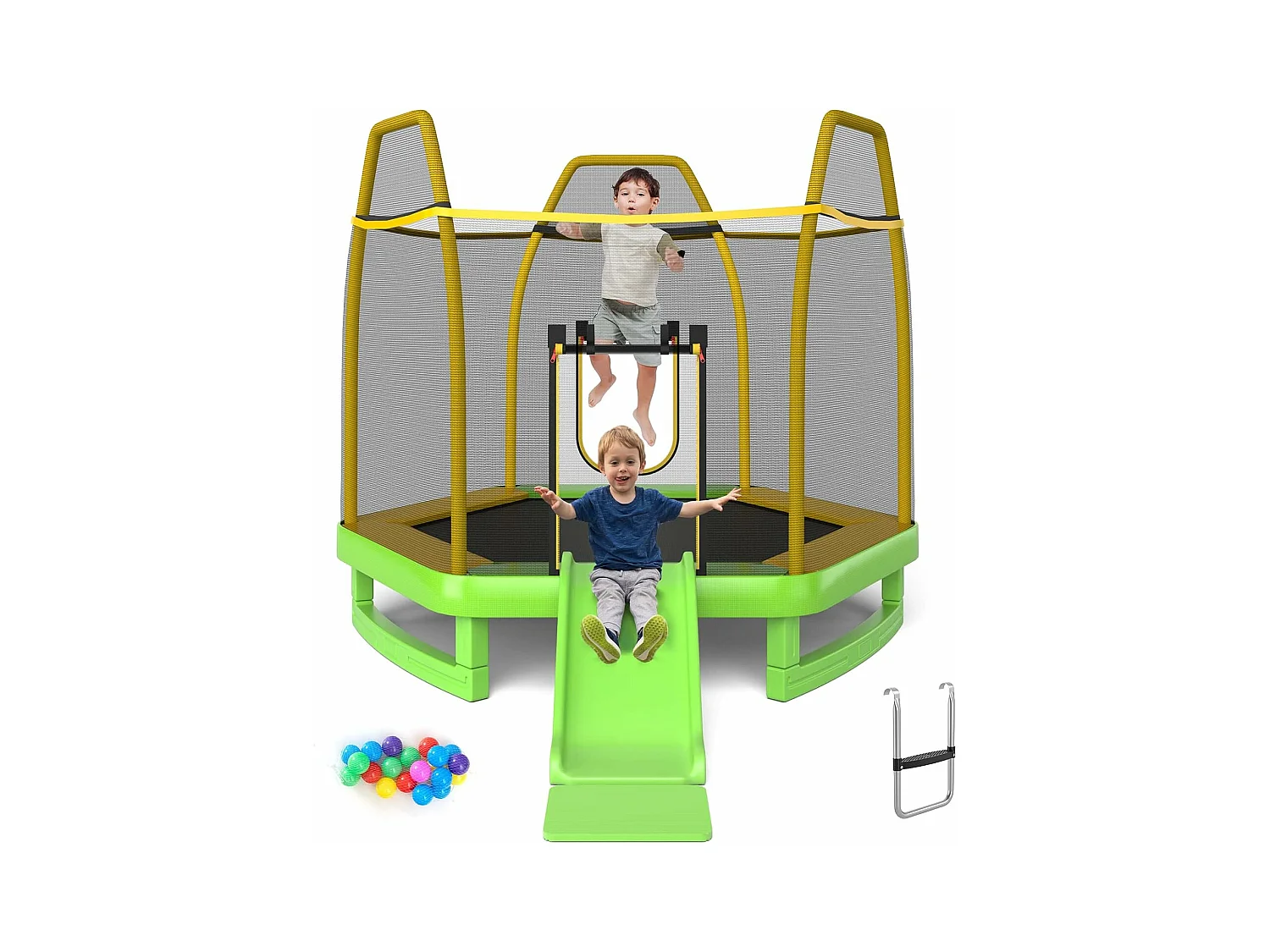 Trampoline Extérieur Ø 223cm Enfants avec Filet de Sécurité, Trampoline de Jardin Rond avec 6 Poteaux Recouvert de Mousse, Charge150KG pour 2-3 Enfants de 3 Ans+