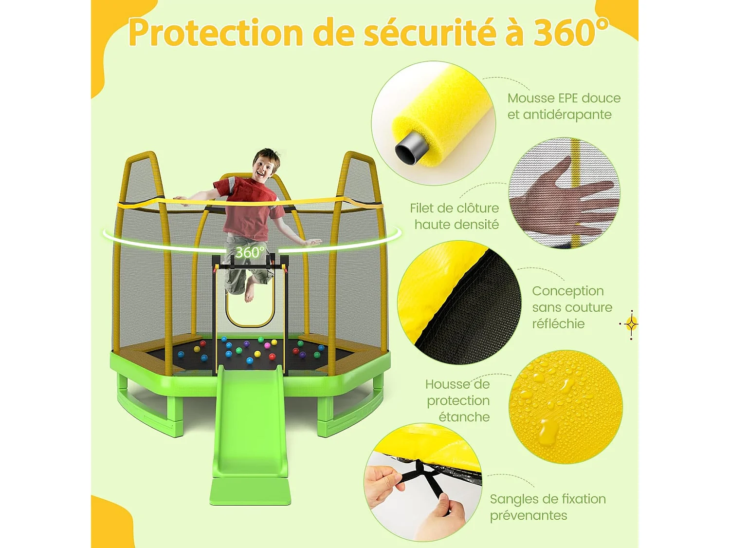Trampoline Extérieur Ø 223cm Enfants avec Filet de Sécurité, Trampoline de Jardin Rond avec 6 Poteaux Recouvert de Mousse, Charge150KG pour 2-3 Enfants de 3 Ans+