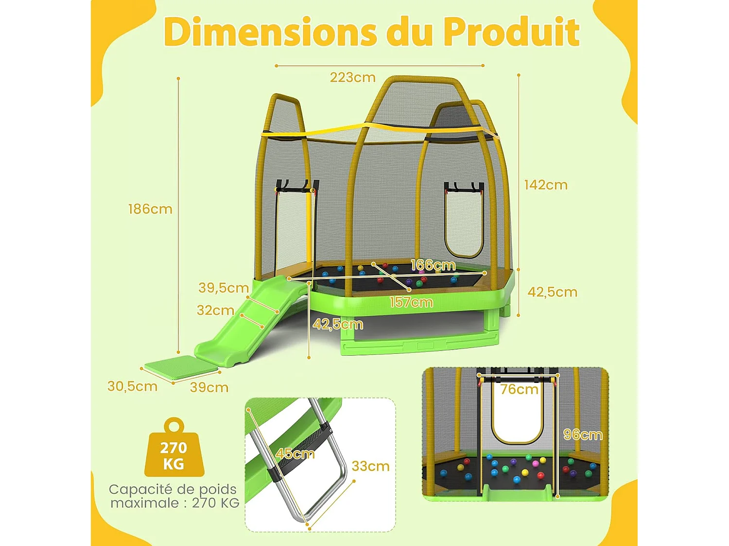 Trampoline Extérieur Ø 223cm Enfants avec Filet de Sécurité, Trampoline de Jardin Rond avec 6 Poteaux Recouvert de Mousse, Charge150KG pour 2-3 Enfants de 3 Ans+