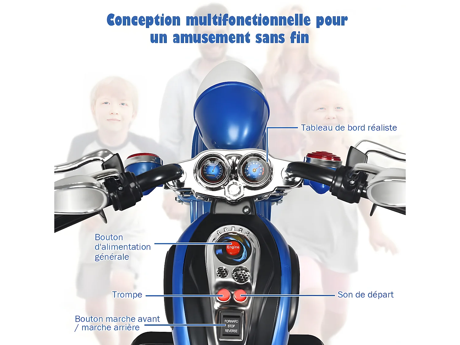 Moto Électrique 6V pour Enfants Scooter avec 3 Roues Effet Sonore et Lumineux, 3Km/h Max, 3 Ans + Style de Chopper Bleu