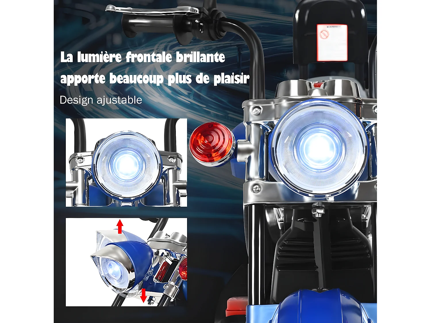 Moto Électrique 6V pour Enfants Scooter avec 3 Roues Effet Sonore et Lumineux, 3Km/h Max, 3 Ans + Style de Chopper Bleu