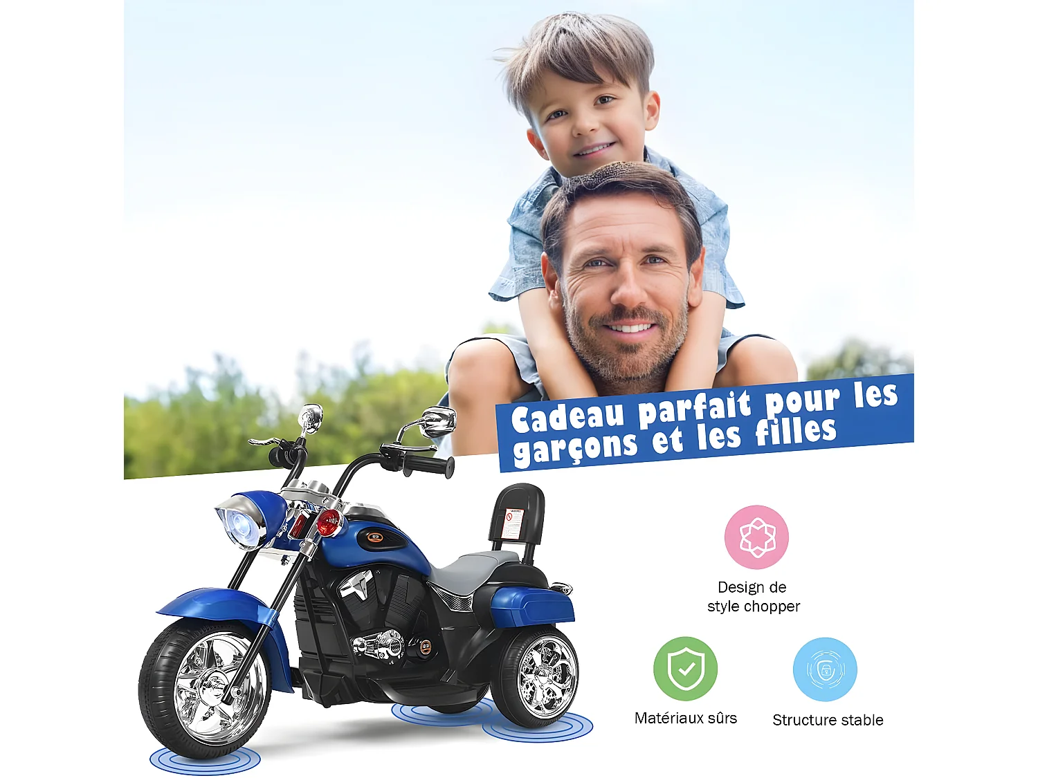 Moto Électrique 6V pour Enfants Scooter avec 3 Roues Effet Sonore et Lumineux, 3Km/h Max, 3 Ans + Style de Chopper Bleu