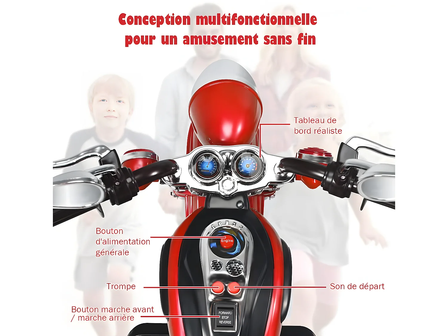 Moto Électrique 6V pour Enfants Scooter avec 3 Roues Effet Sonore et Lumineux, 3Km/h Max, 3 Ans + Style de Chopper Rouge