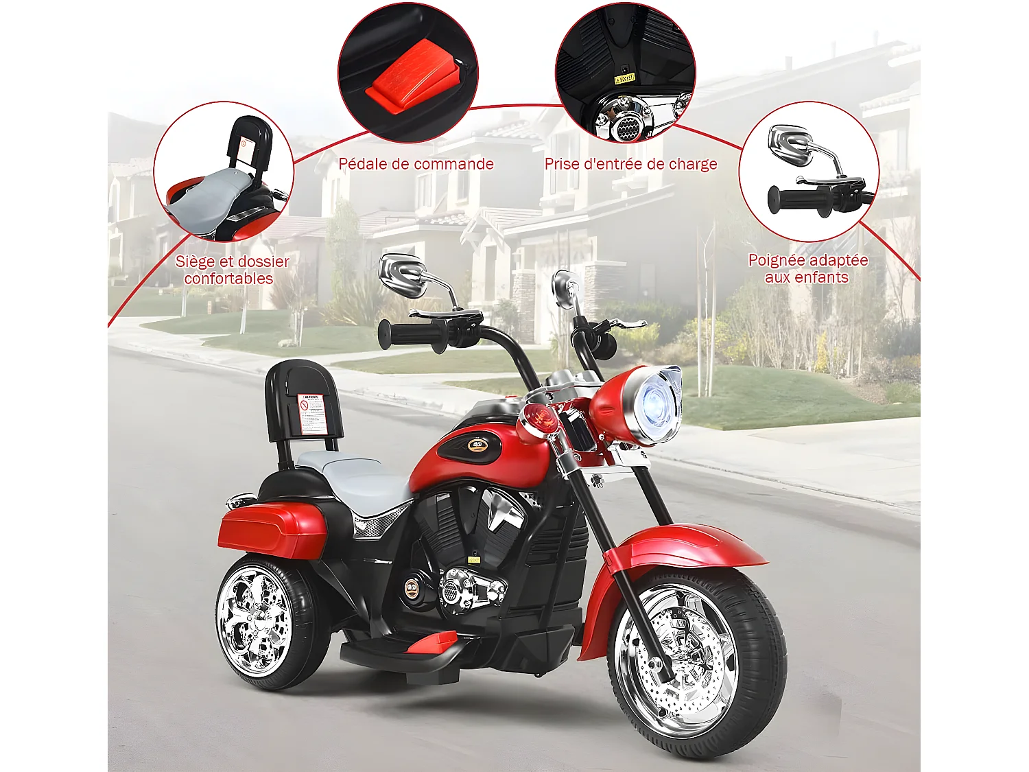 Moto Électrique 6V pour Enfants Scooter avec 3 Roues Effet Sonore et Lumineux, 3Km/h Max, 3 Ans + Style de Chopper Rouge