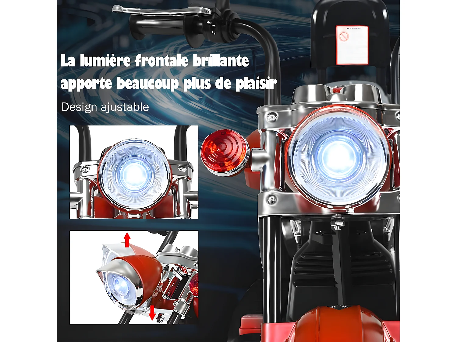 Moto Électrique 6V pour Enfants Scooter avec 3 Roues Effet Sonore et Lumineux, 3Km/h Max, 3 Ans + Style de Chopper Rouge