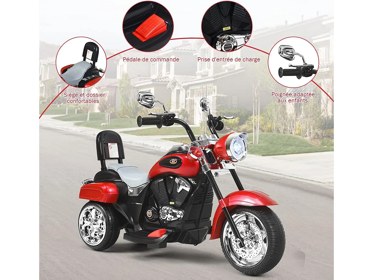 Moto Électrique 6V pour Enfants Scooter avec 3 Roues Effet Sonore et Lumineux, 3Km/h Max, 3 Ans + Style de Chopper Rouge