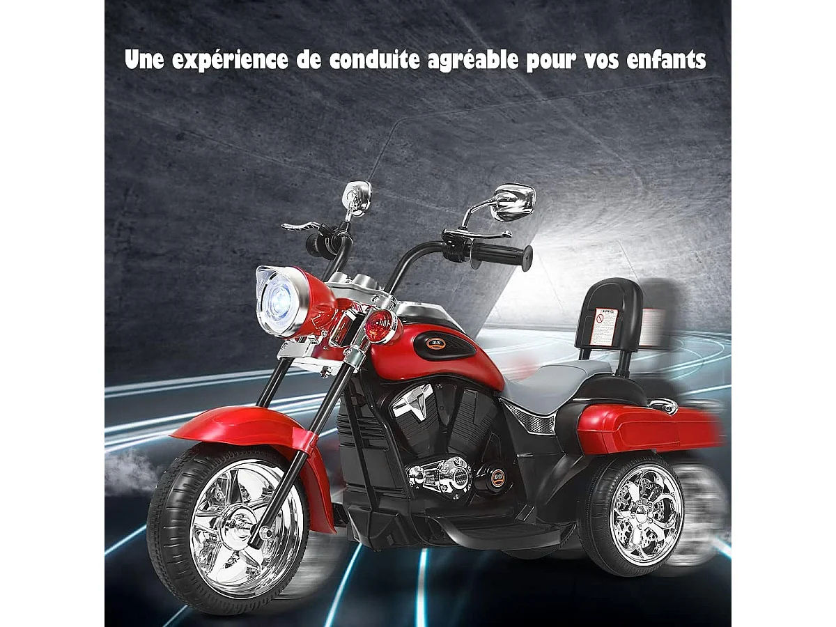 Moto Électrique 6V pour Enfants Scooter avec 3 Roues Effet Sonore et Lumineux, 3Km/h Max, 3 Ans + Style de Chopper Rouge