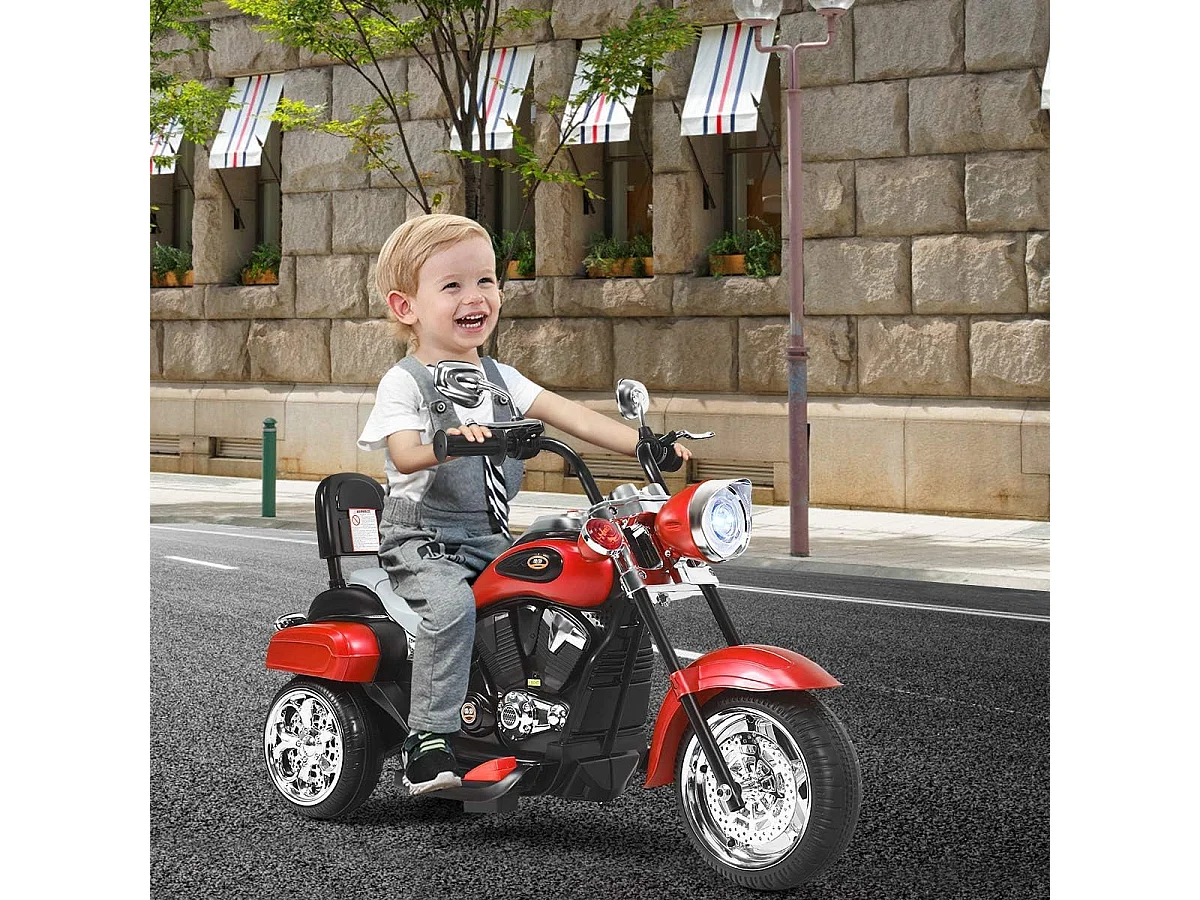 Moto Électrique 6V pour Enfants Scooter avec 3 Roues Effet Sonore et Lumineux, 3Km/h Max, 3 Ans + Style de Chopper Rouge