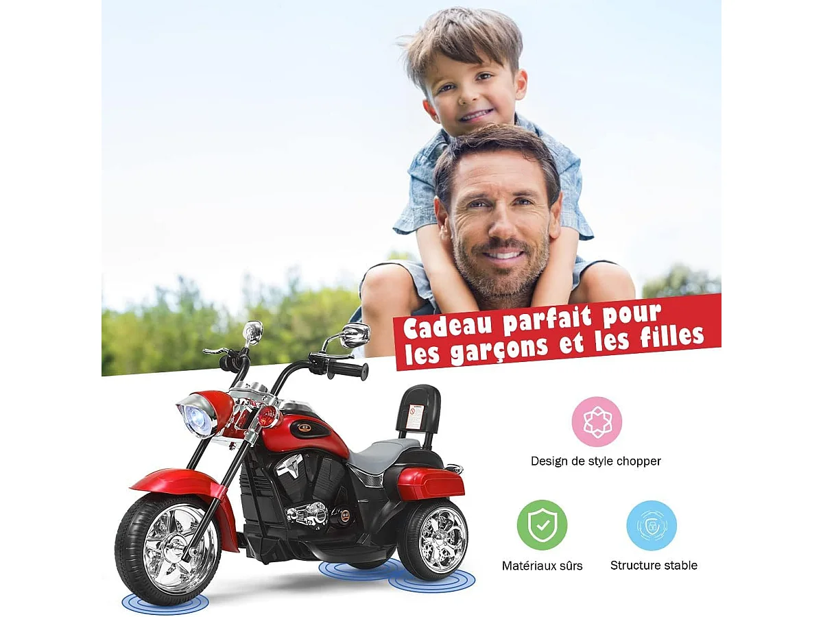 Moto Électrique 6V pour Enfants Scooter avec 3 Roues Effet Sonore et Lumineux, 3Km/h Max, 3 Ans + Style de Chopper Rouge