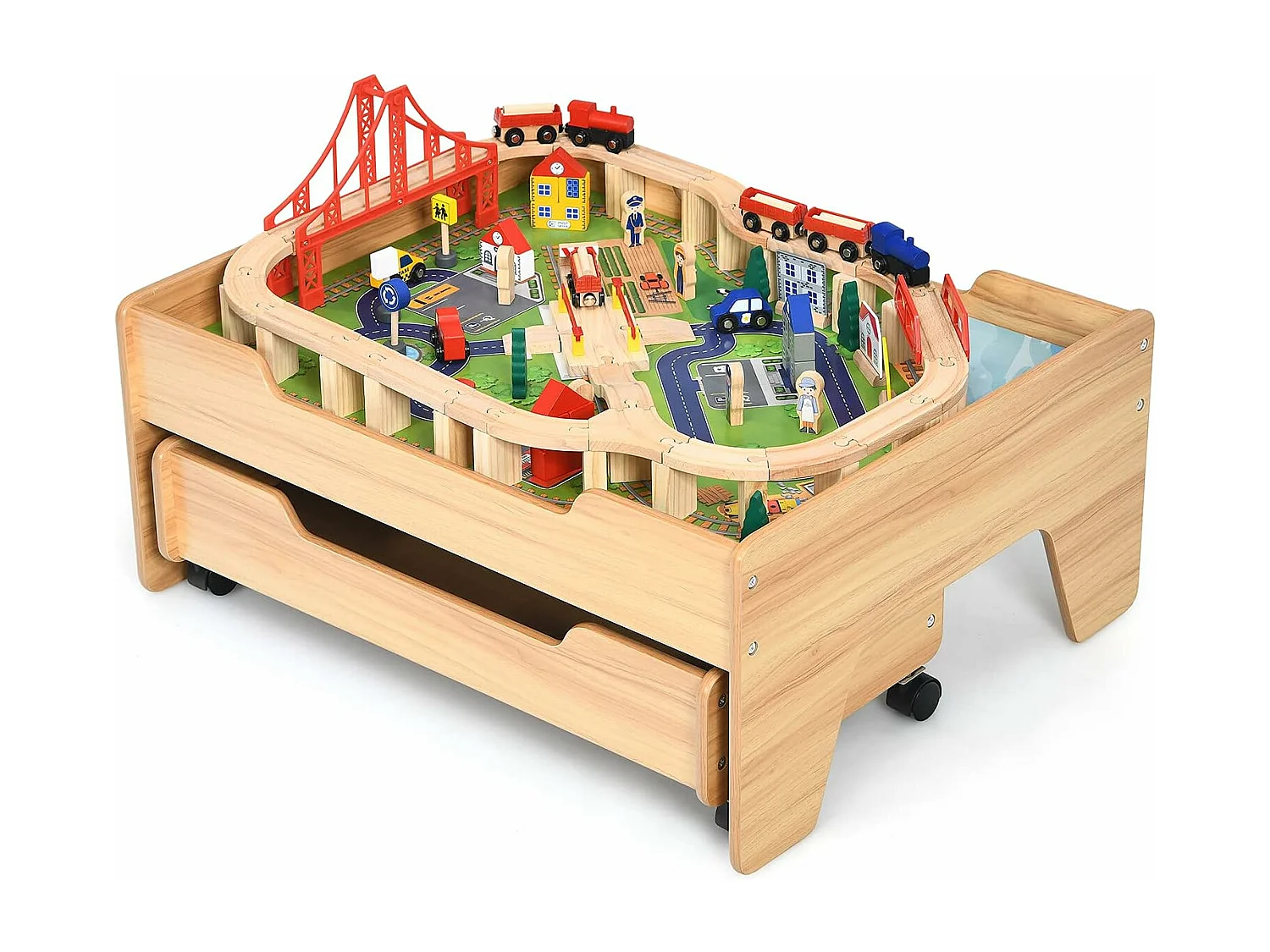 Circuit Voiture Enfant 100 Pcs avec Table d'Activités, Tiroir à Roulettes Verrouillables Jouet Educative pour 3 Ans +
