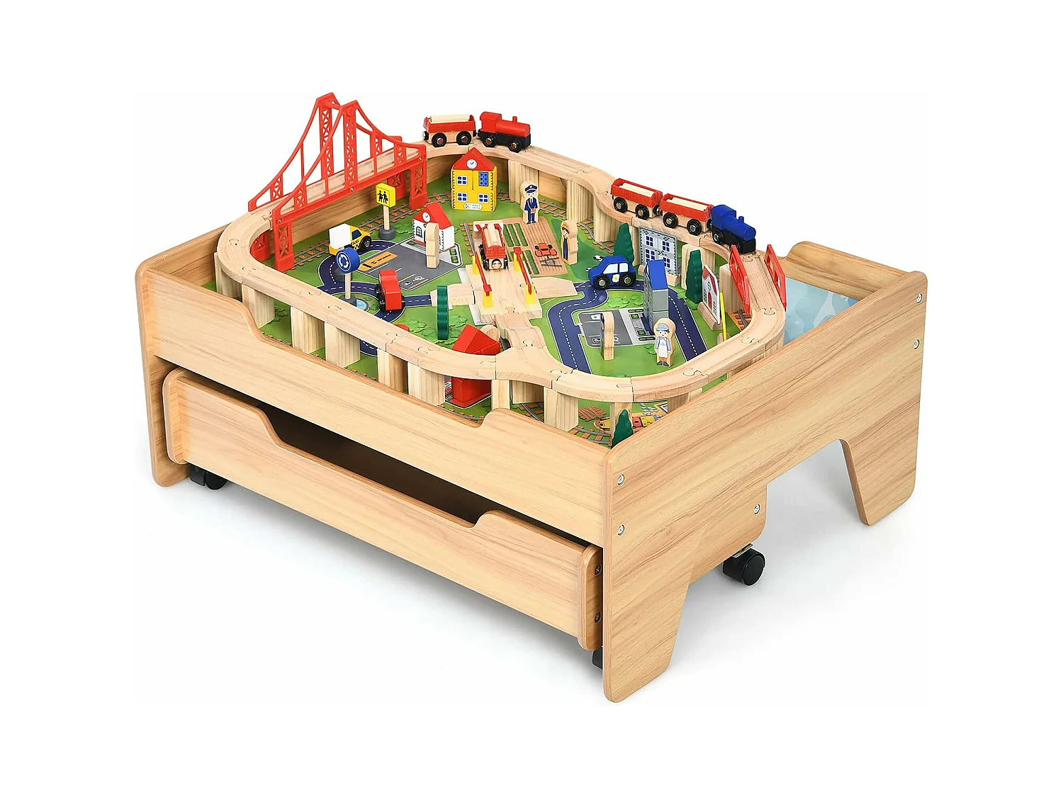 Circuit Voiture Enfant 100 Pcs avec Table d'Activités, Tiroir à Roulettes Verrouillables Jouet Educative pour 3 Ans +