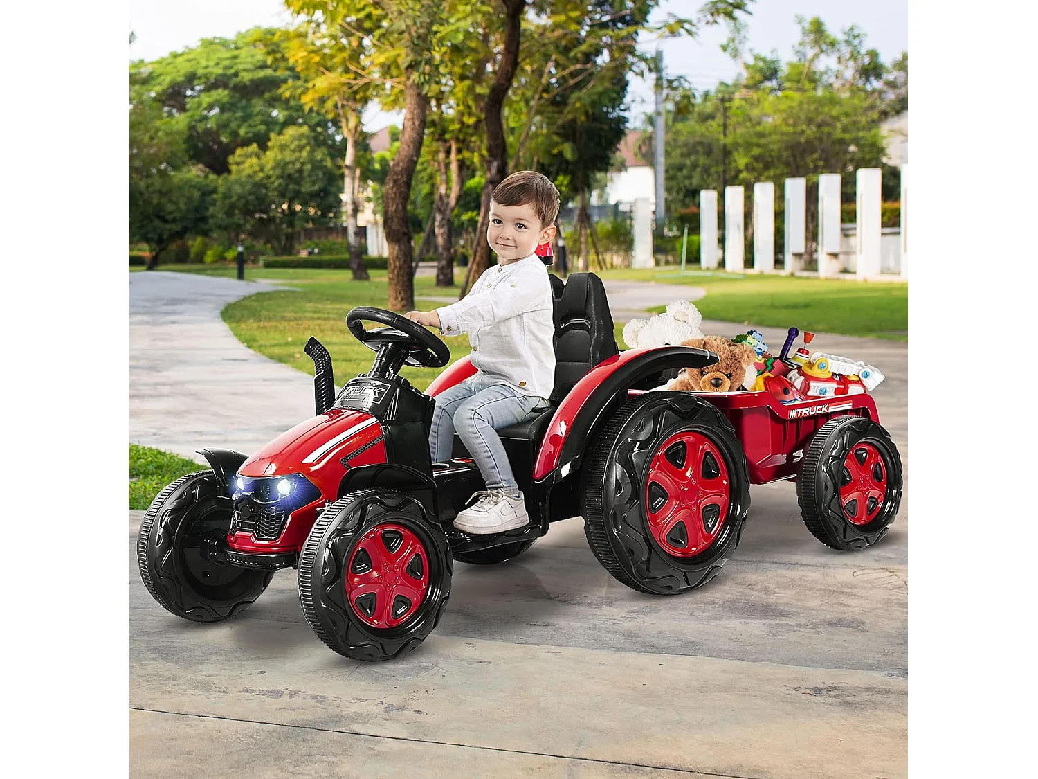 Tracteur Electrique avec Télécommande 2.4G,12V 7AH, Vitesse : 3-8 km/h , MP3, Port USB pour Enfants de 3 à 8 Ans（Rouge)