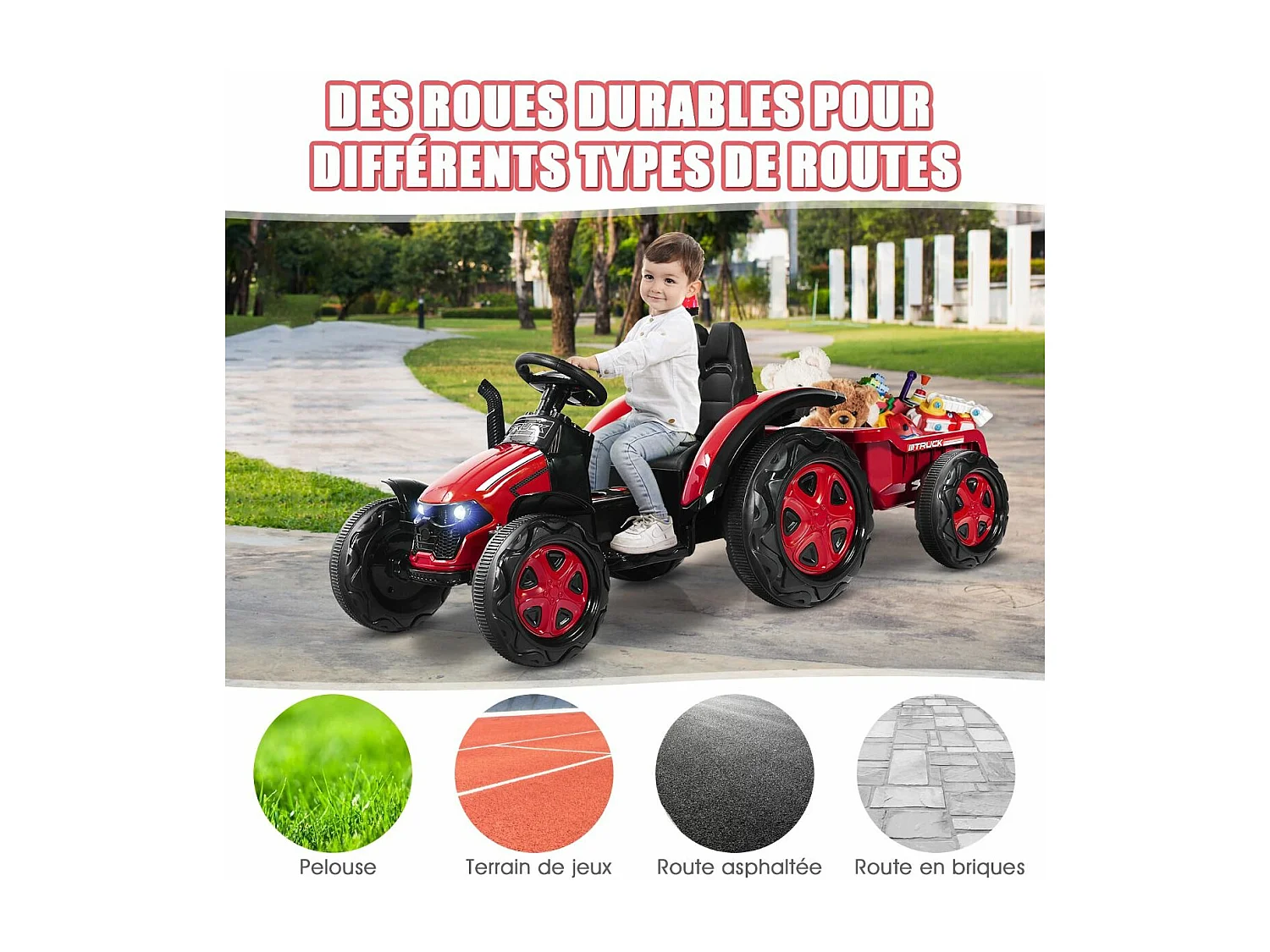Tracteur Electrique avec Télécommande 2.4G,12V 7AH, Vitesse : 3-8 km/h , MP3, Port USB pour Enfants de 3 à 8 Ans（Rouge)