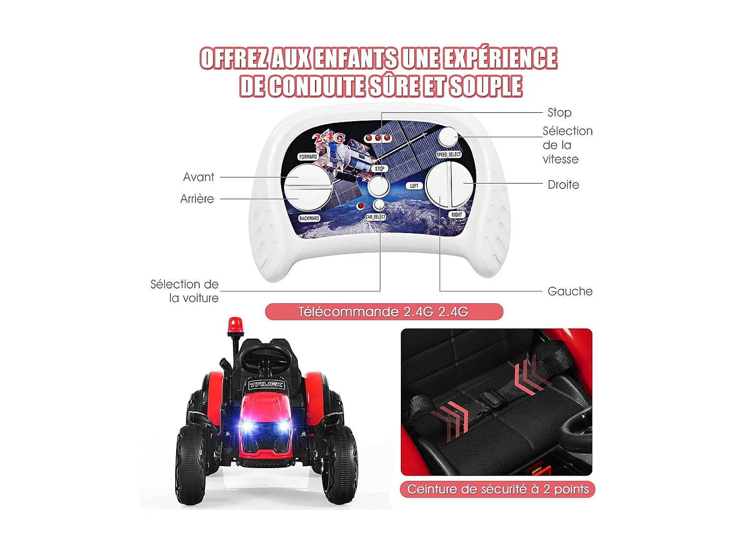 Tracteur Electrique avec Télécommande 2.4G,12V 7AH, Vitesse : 3-8 km/h , MP3, Port USB pour Enfants de 3 à 8 Ans（Rouge)