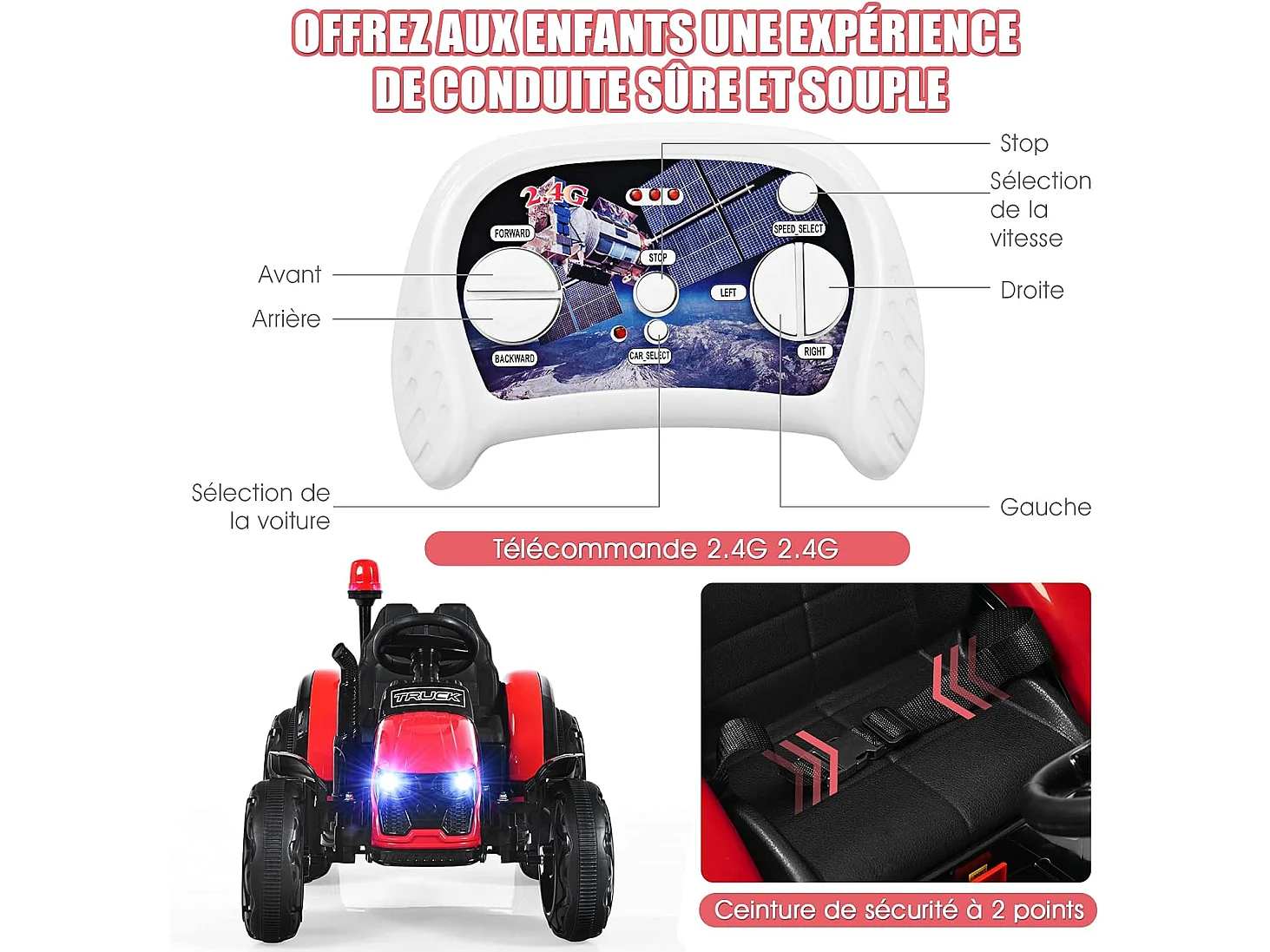 Tracteur Electrique avec Télécommande 2.4G,12V 7AH, Vitesse : 3-8 km/h , MP3, Port USB pour Enfants de 3 à 8 Ans（Rouge)