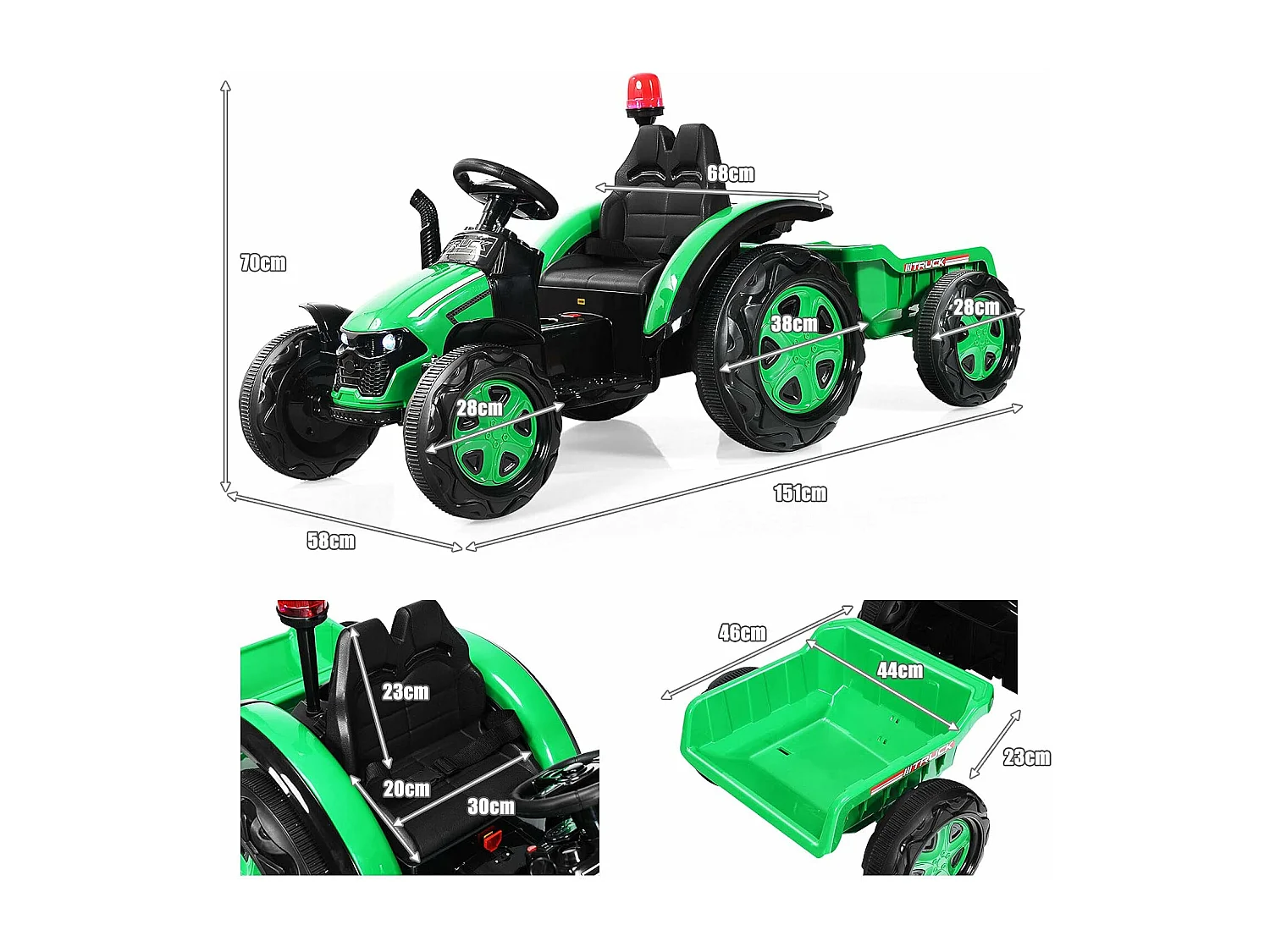 Tracteur Electrique avec Télécommande 2.4G,12V 7AH, Vitesse : 3-8 km/h , MP3, Port USB pour Enfants de 3 à 8 Ans Vert