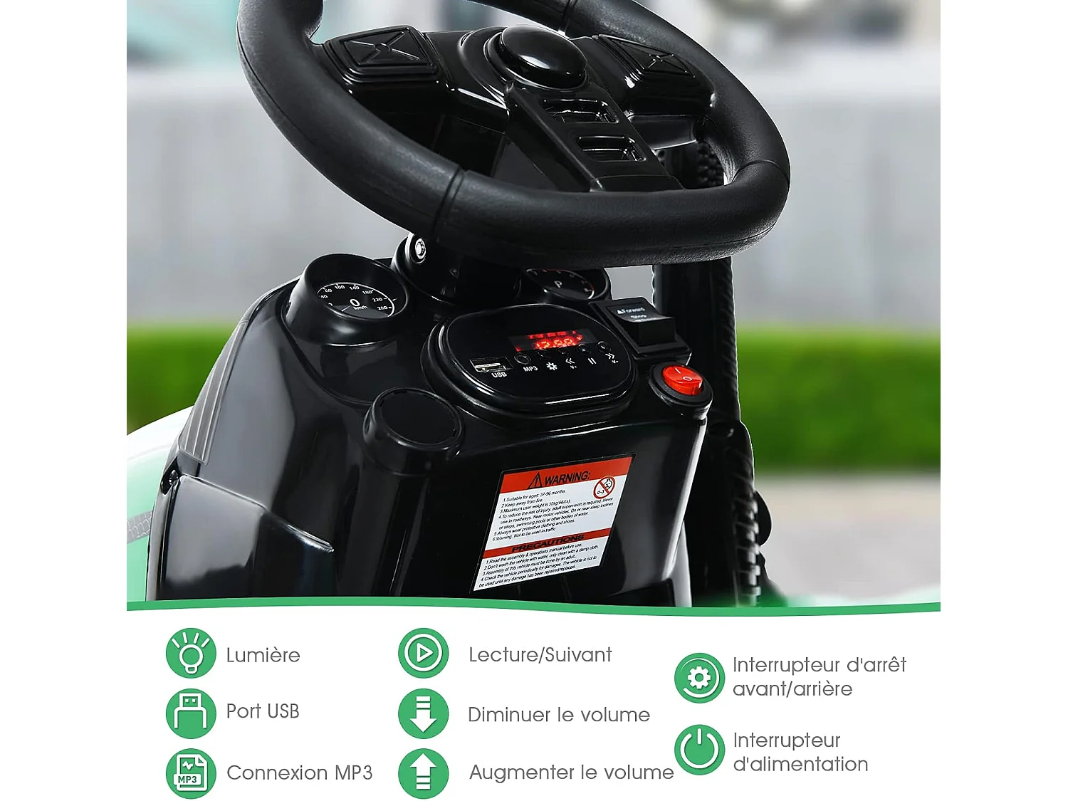 Tracteur Electrique avec Télécommande 2.4G,12V 7AH, Vitesse : 3-8 km/h , MP3, Port USB pour Enfants de 3 à 8 Ans Vert