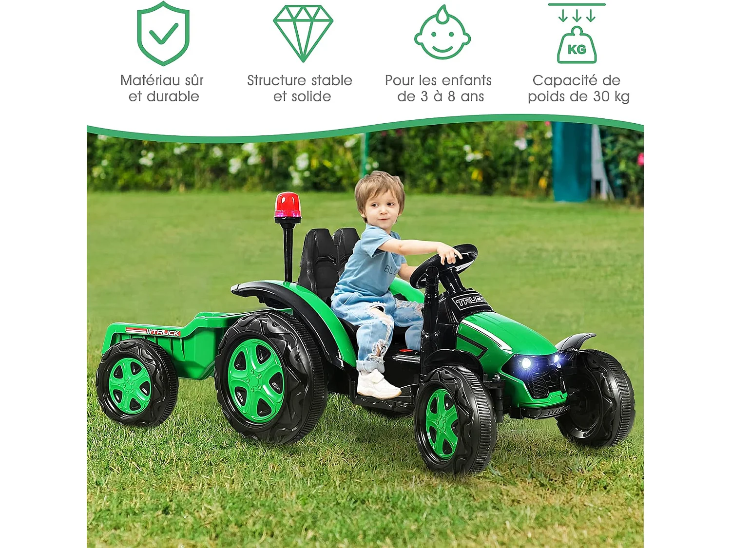 Tracteur Electrique avec Télécommande 2.4G,12V 7AH, Vitesse : 3-8 km/h , MP3, Port USB pour Enfants de 3 à 8 Ans Vert