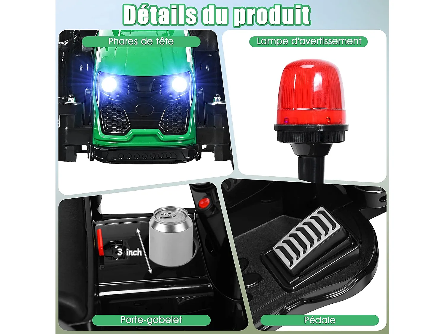 Tracteur Electrique avec Télécommande 2.4G,12V 7AH, Vitesse : 3-8 km/h , MP3, Port USB pour Enfants de 3 à 8 Ans Vert