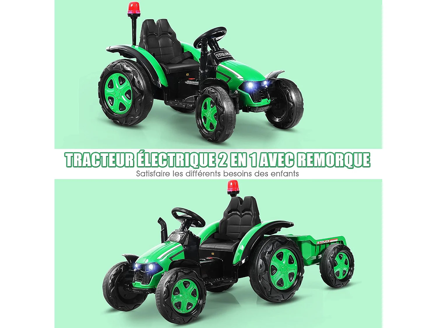 Tracteur Electrique avec Télécommande 2.4G,12V 7AH, Vitesse : 3-8 km/h , MP3, Port USB pour Enfants de 3 à 8 Ans Vert