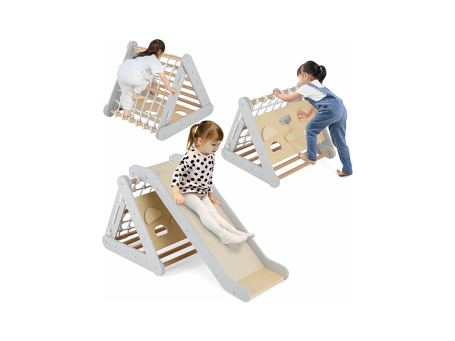 4 en 1 Triangle d'escalade Montessori Enfant avec Toboggan, Echelle d'escalade en Bois avec Filet, Inclinaison Réglable, Intérieur, Charge 60kg pour Enfants de 1 an+