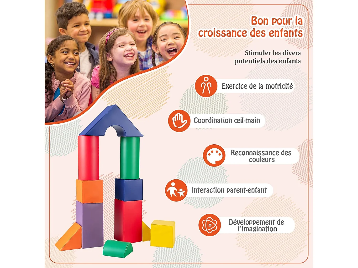 11PCS Blocs de Construction en Mousse avec Housse en PU, Modules de Motricité d’Escalade avec Diverses Couleurs et Formes, Jouets Éducatifs pour Maison Maternelle, 18 Mois+
