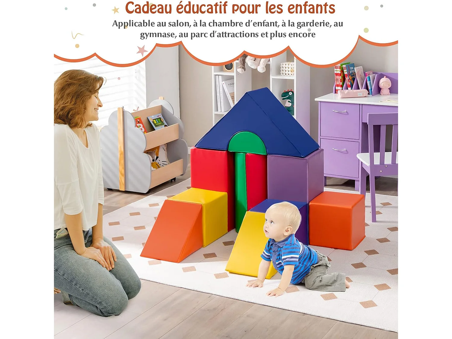 11PCS Blocs de Construction en Mousse avec Housse en PU, Modules de Motricité d’Escalade avec Diverses Couleurs et Formes, Jouets Éducatifs pour Maison Maternelle, 18 Mois+