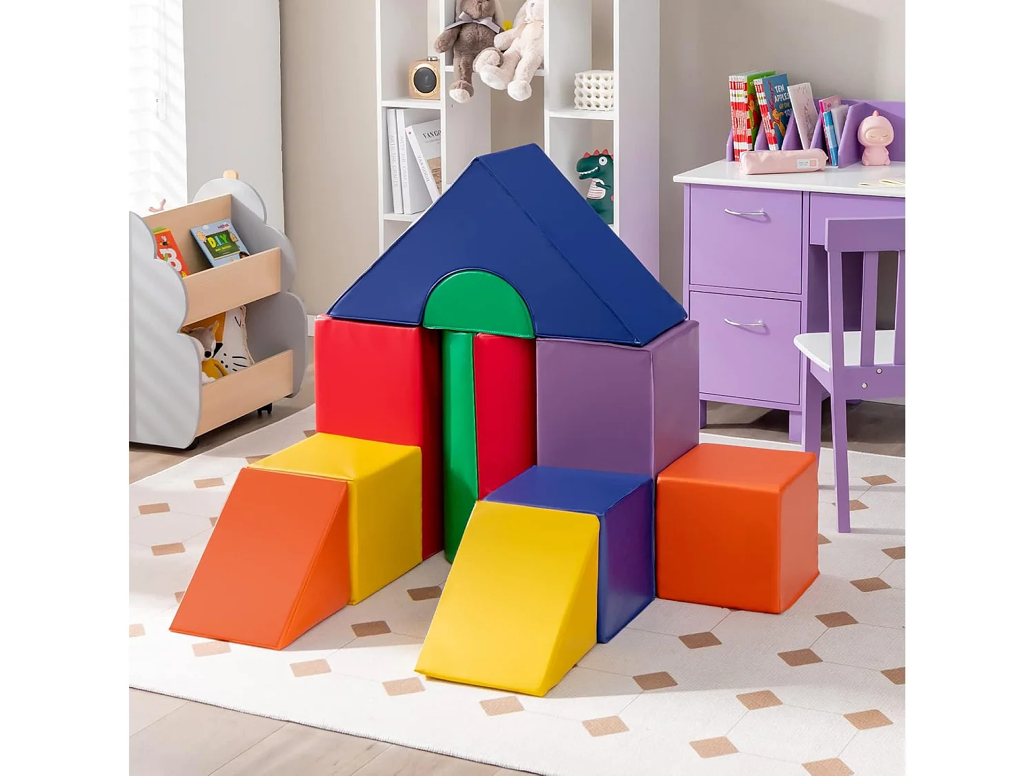 11PCS Blocs de Construction en Mousse avec Housse en PU, Modules de Motricité d’Escalade avec Diverses Couleurs et Formes, Jouets Éducatifs pour Maison Maternelle, 18 Mois+