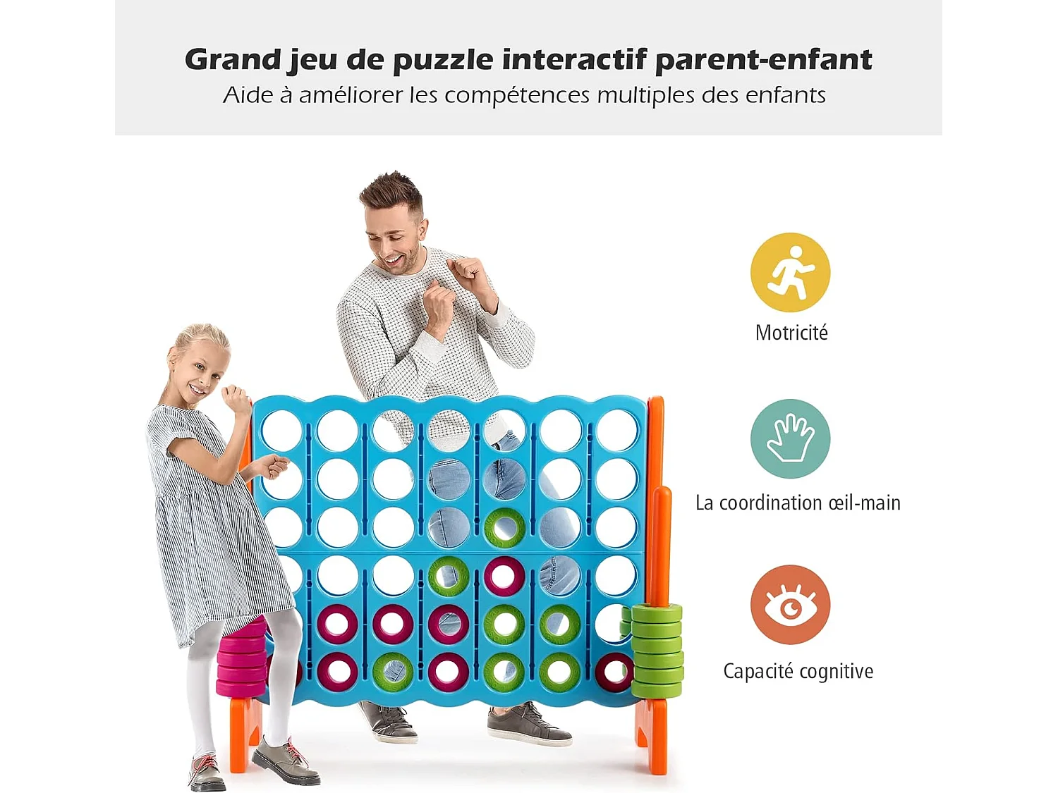 Jeux Puissance 4 Géant Enfants avec 42 Jetons, Jeu de Société Ludique & Éducatif avec Porte-Anneaux, Levier de Réinitialisation, Utilisation Intérieur et Extérieur