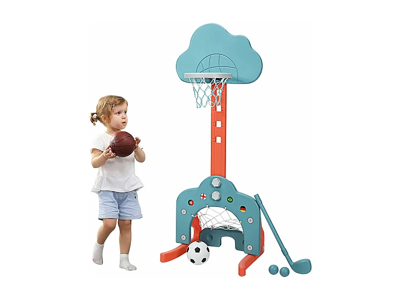 3 en 1 Panier de Basketball Enfant Hauteur Réglable 77-116cm avec Jeu de Golf et de Football, Support de Basketball avec Panneau en Forme Nuage pour Enfant 2-7 Ans