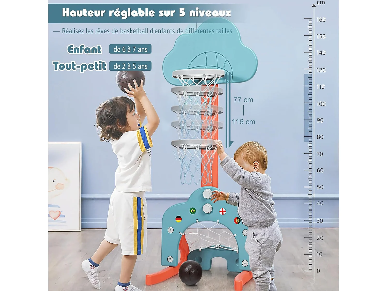 3 en 1 Panier de Basketball Enfant Hauteur Réglable 77-116cm avec Jeu de Golf et de Football, Support de Basketball avec Panneau en Forme Nuage pour Enfant 2-7 Ans