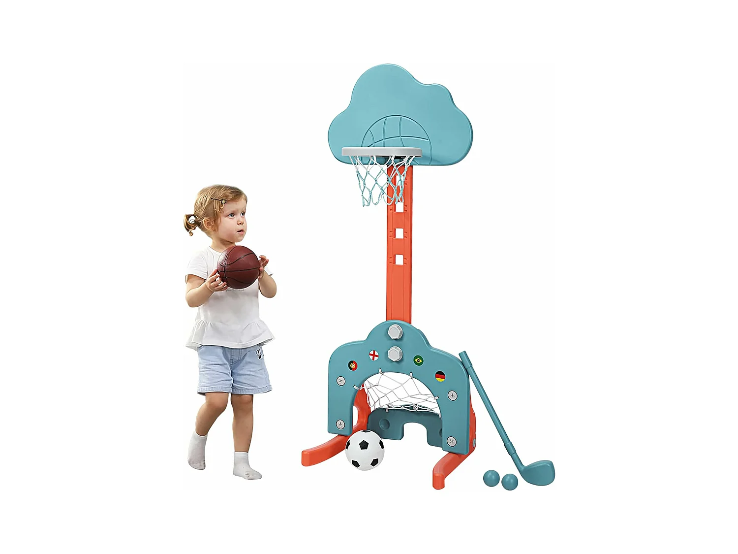 3 en 1 Panier de Basketball Enfant Hauteur Réglable 77-116cm avec Jeu de Golf et de Football, Support de Basketball avec Panneau en Forme Nuage pour Enfant 2-7 Ans