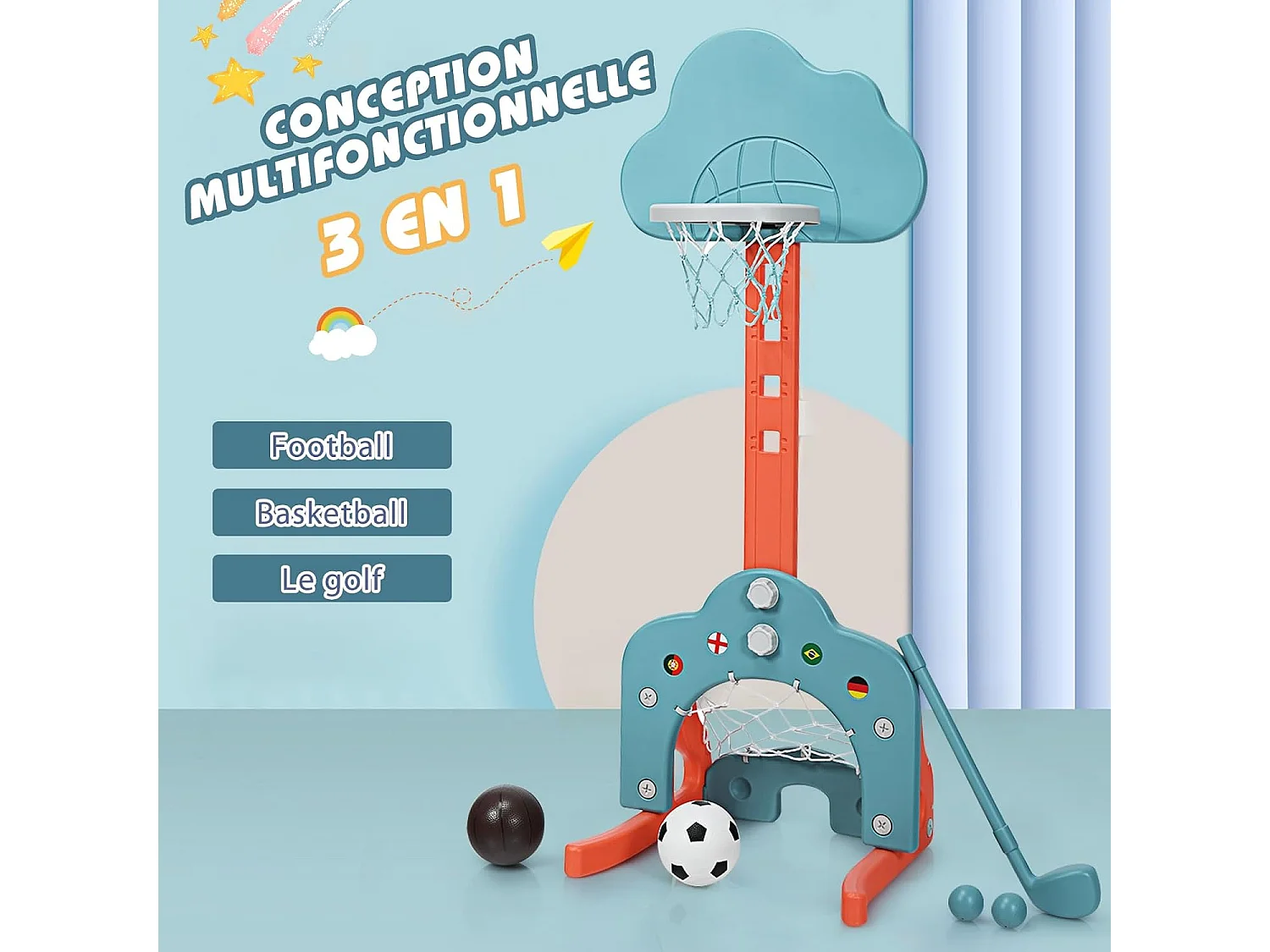 3 en 1 Panier de Basketball Enfant Hauteur Réglable 77-116cm avec Jeu de Golf et de Football, Support de Basketball avec Panneau en Forme Nuage pour Enfant 2-7 Ans