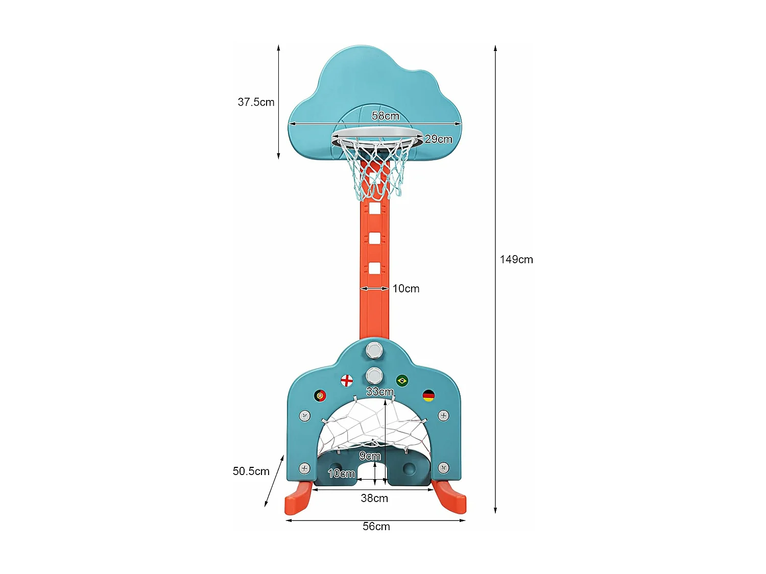 3 en 1 Panier de Basketball Enfant Hauteur Réglable 77-116cm avec Jeu de Golf et de Football, Support de Basketball avec Panneau en Forme Nuage pour Enfant 2-7 Ans