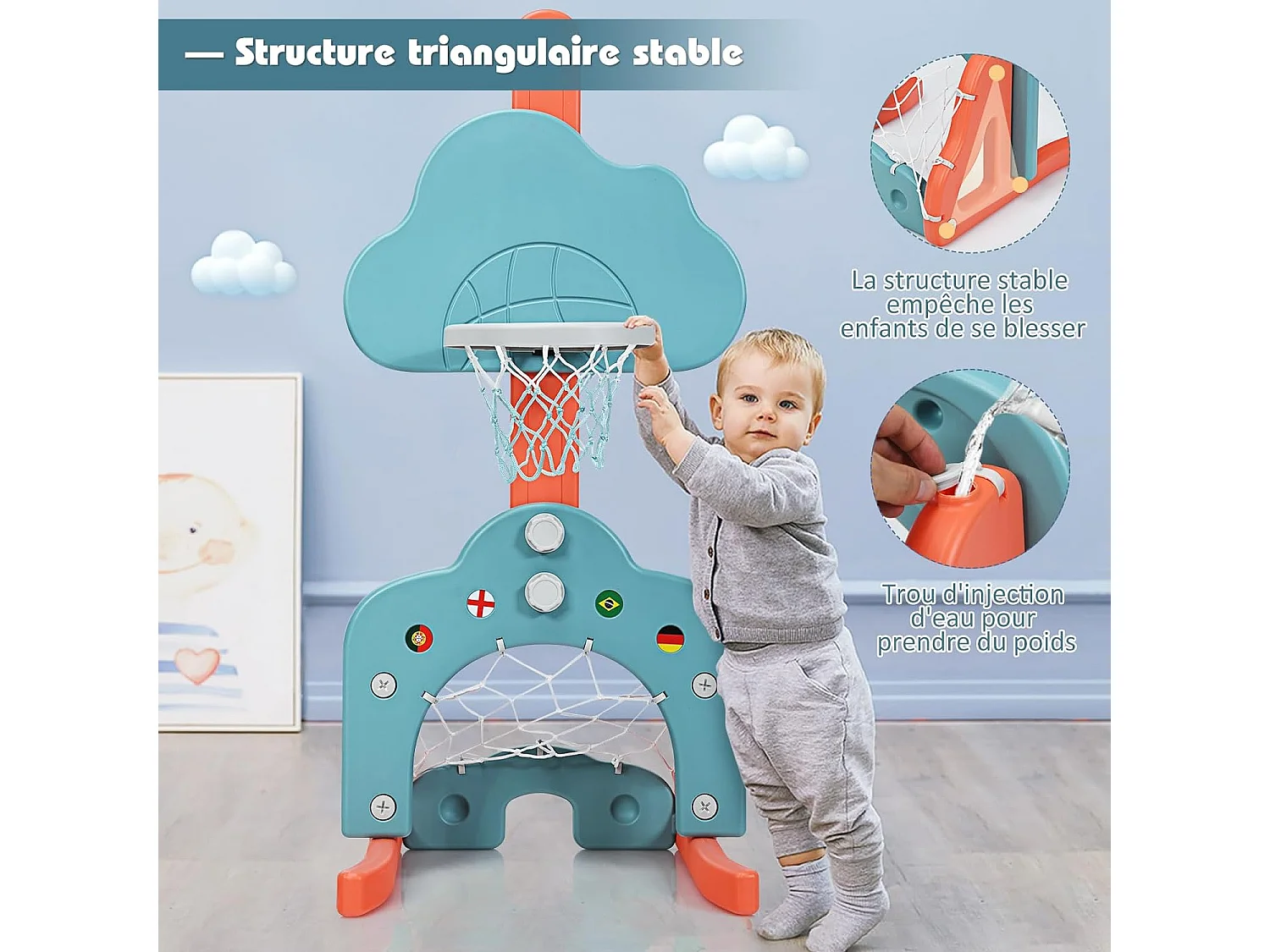 3 en 1 Panier de Basketball Enfant Hauteur Réglable 77-116cm avec Jeu de Golf et de Football, Support de Basketball avec Panneau en Forme Nuage pour Enfant 2-7 Ans