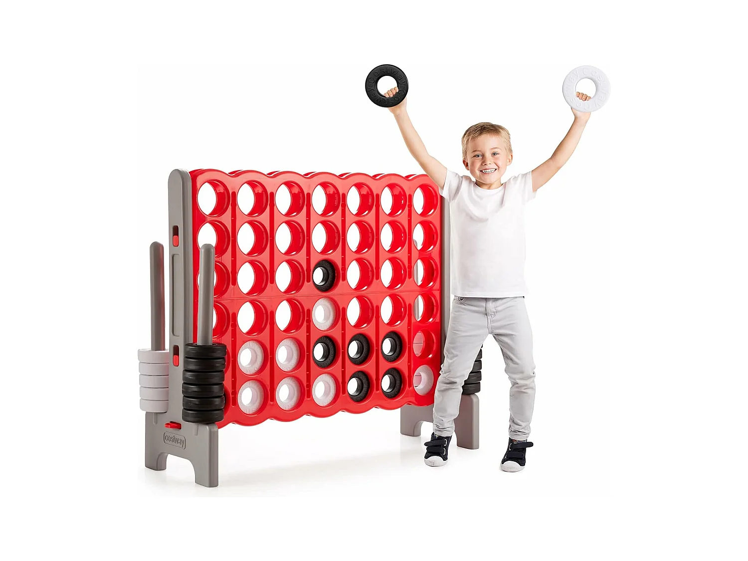 Jeux Puissance 4 Géant Enfants avec 42 Jetons, Jeu de Société Ludique & Éducatif avec Porte-Anneaux, Levier de Réinitialisation, Utilisation Intérieur et Extérieur
