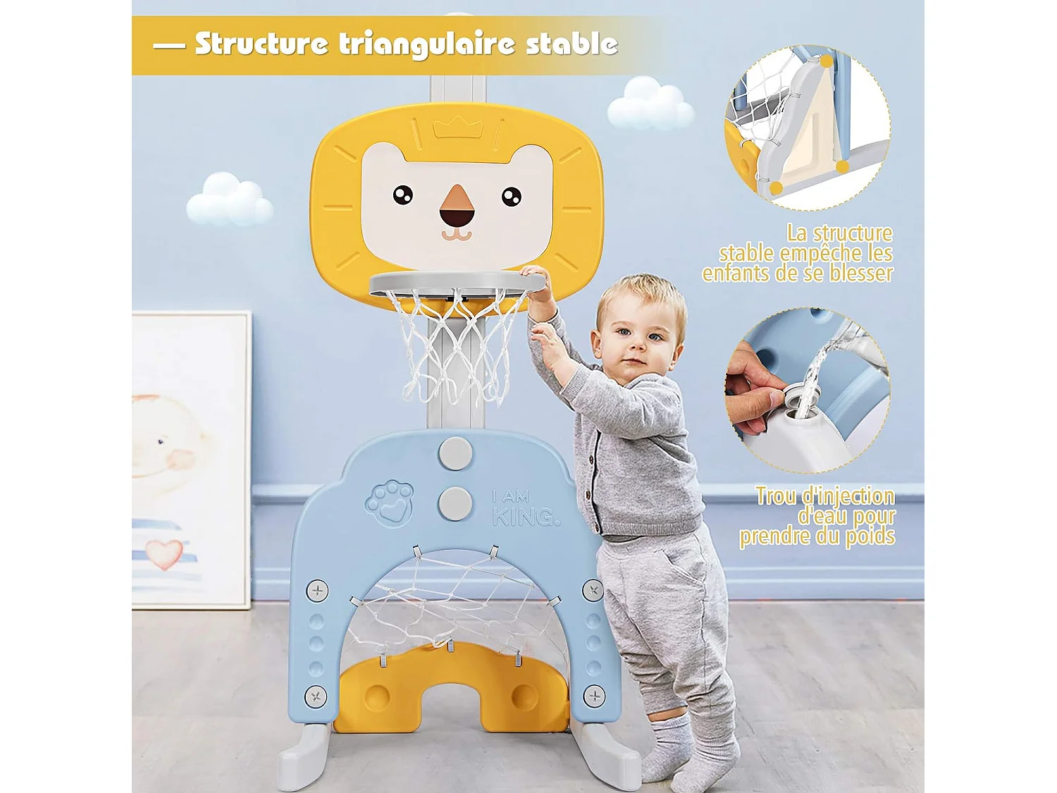 Ensemble de Basket 3-en-1, Hauteur Ajustables de 110cm à 149cm, Inclus Jeu de Basketball, Football