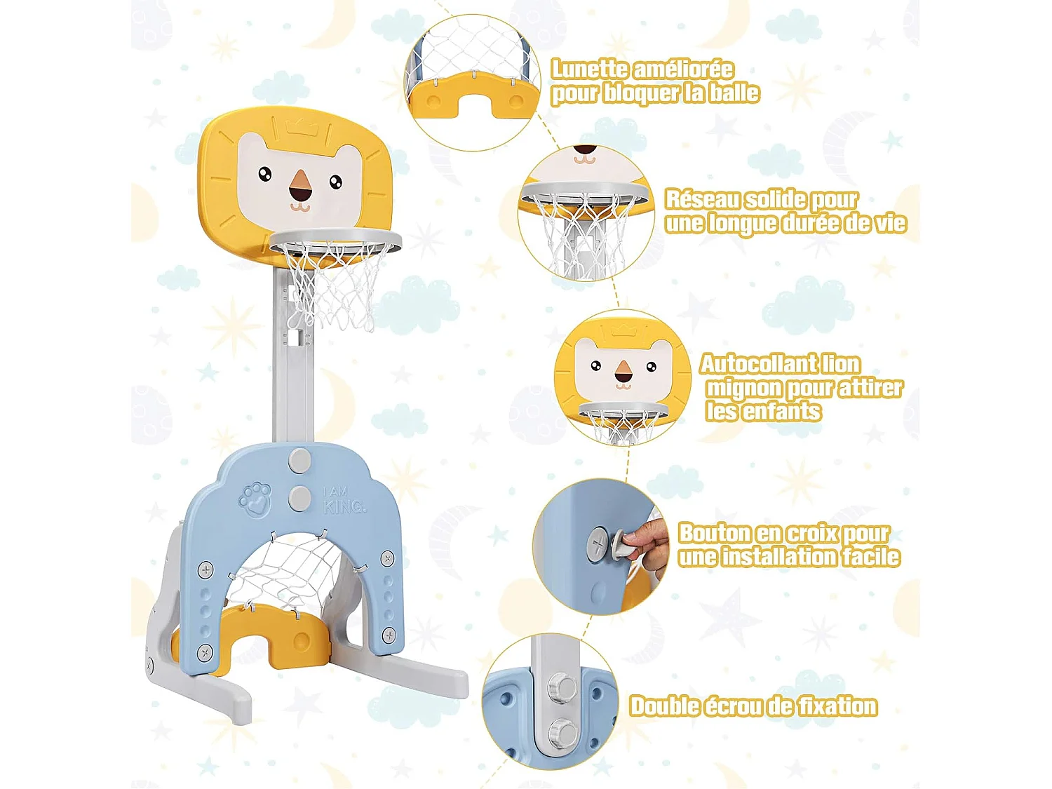 Ensemble de Basket 3-en-1, Hauteur Ajustables de 110cm à 149cm, Inclus Jeu de Basketball, Football