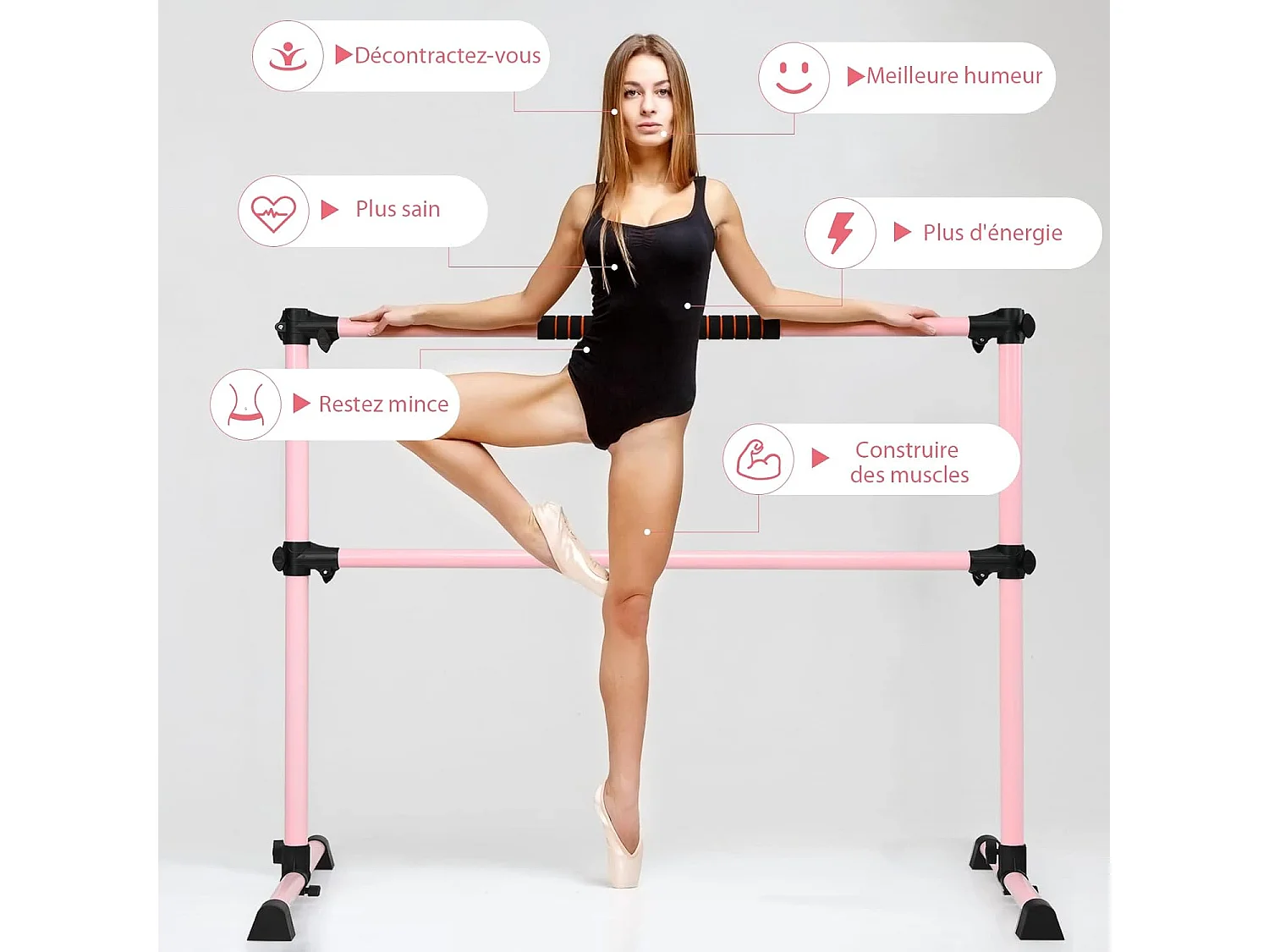 Double Barre de Danse Classique Hauteur Réglable 20-119CM avec Eponge Base Rotative Charge Max 50KG pour Gymnase Traction