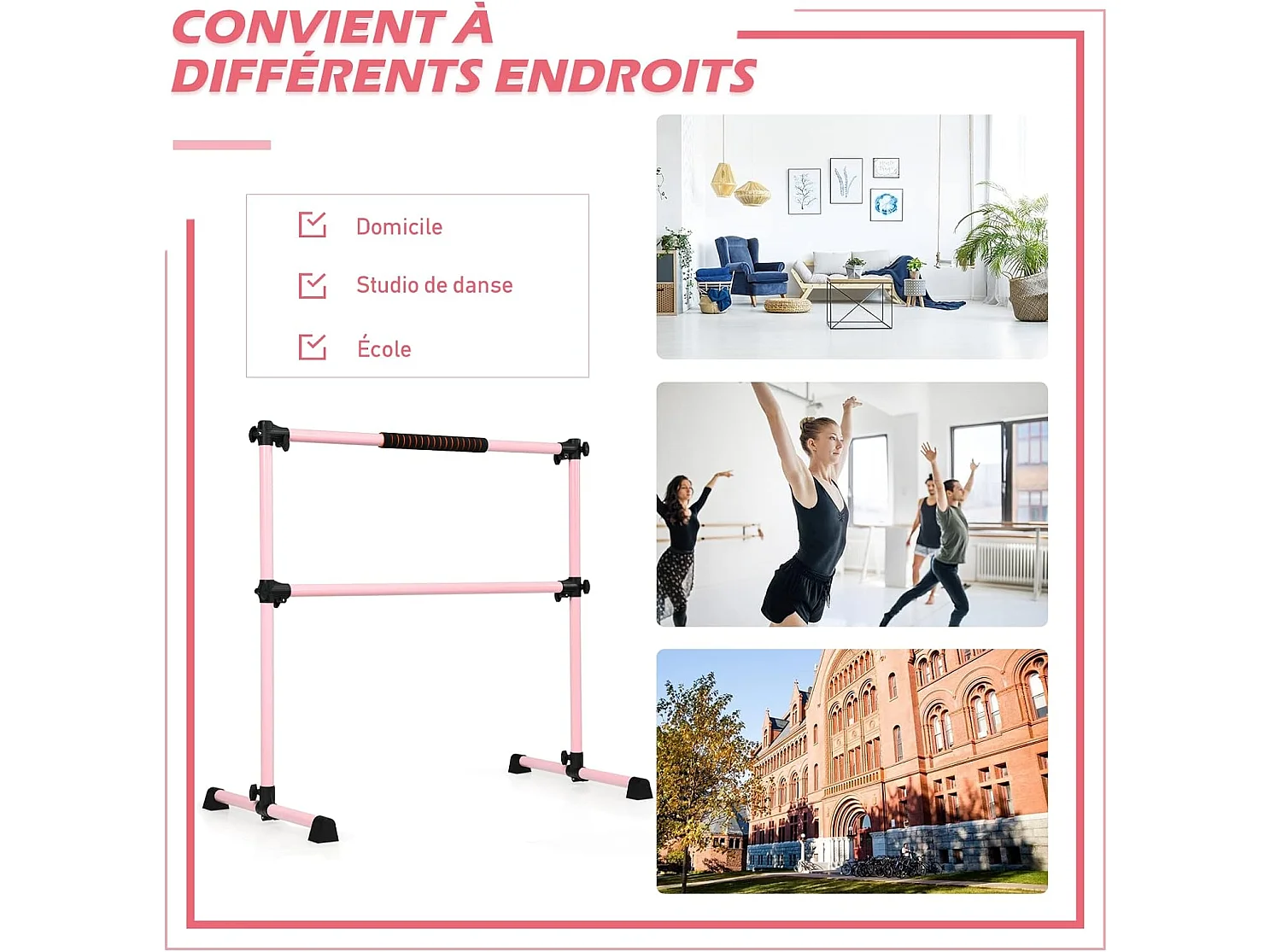 Double Barre de Danse Classique Hauteur Réglable 20-119CM avec Eponge Base Rotative Charge Max 50KG pour Gymnase Traction