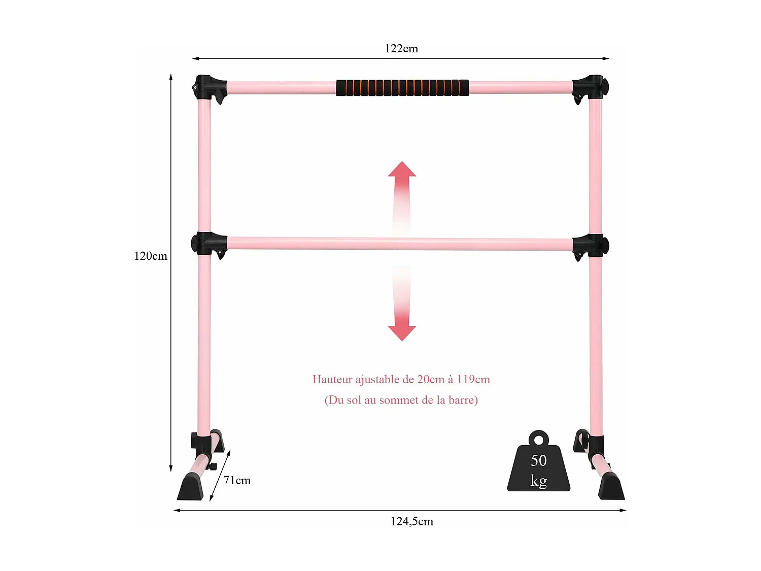 Double Barre de Danse Classique Hauteur Réglable 20-119CM avec Eponge Base Rotative Charge Max 50KG pour Gymnase Traction