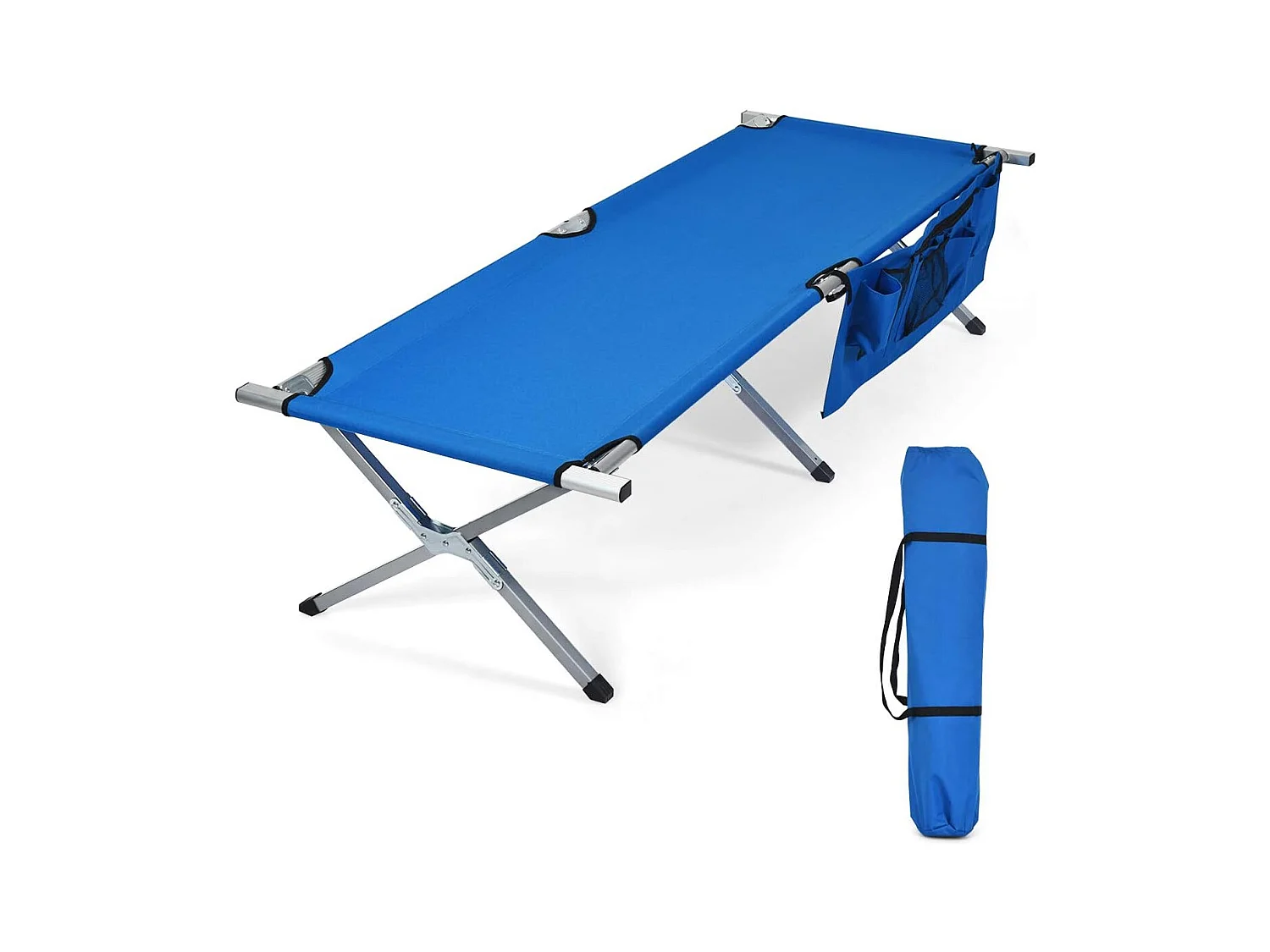 Lit de Camp Pliant 190x73x42CM avec Poches Latérales et Sac de Transport en Tissu et velours Oxford Charge Max 205KG pour Voyage Bleu