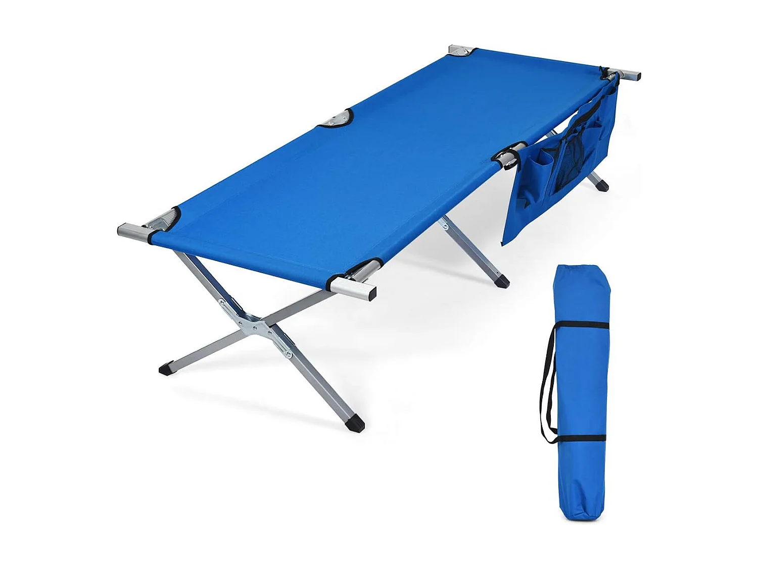 Lit de Camp Pliant 190x73x42CM avec Poches Latérales et Sac de Transport en Tissu et velours Oxford Charge Max 205KG pour Voyage Bleu