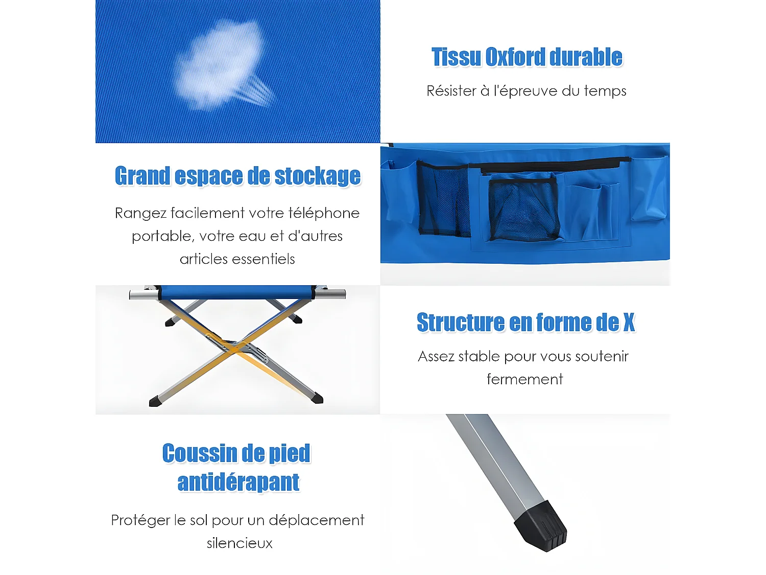 Lit de Camp Pliant 190x73x42CM avec Poches Latérales et Sac de Transport en Tissu et velours Oxford Charge Max 205KG pour Voyage Bleu