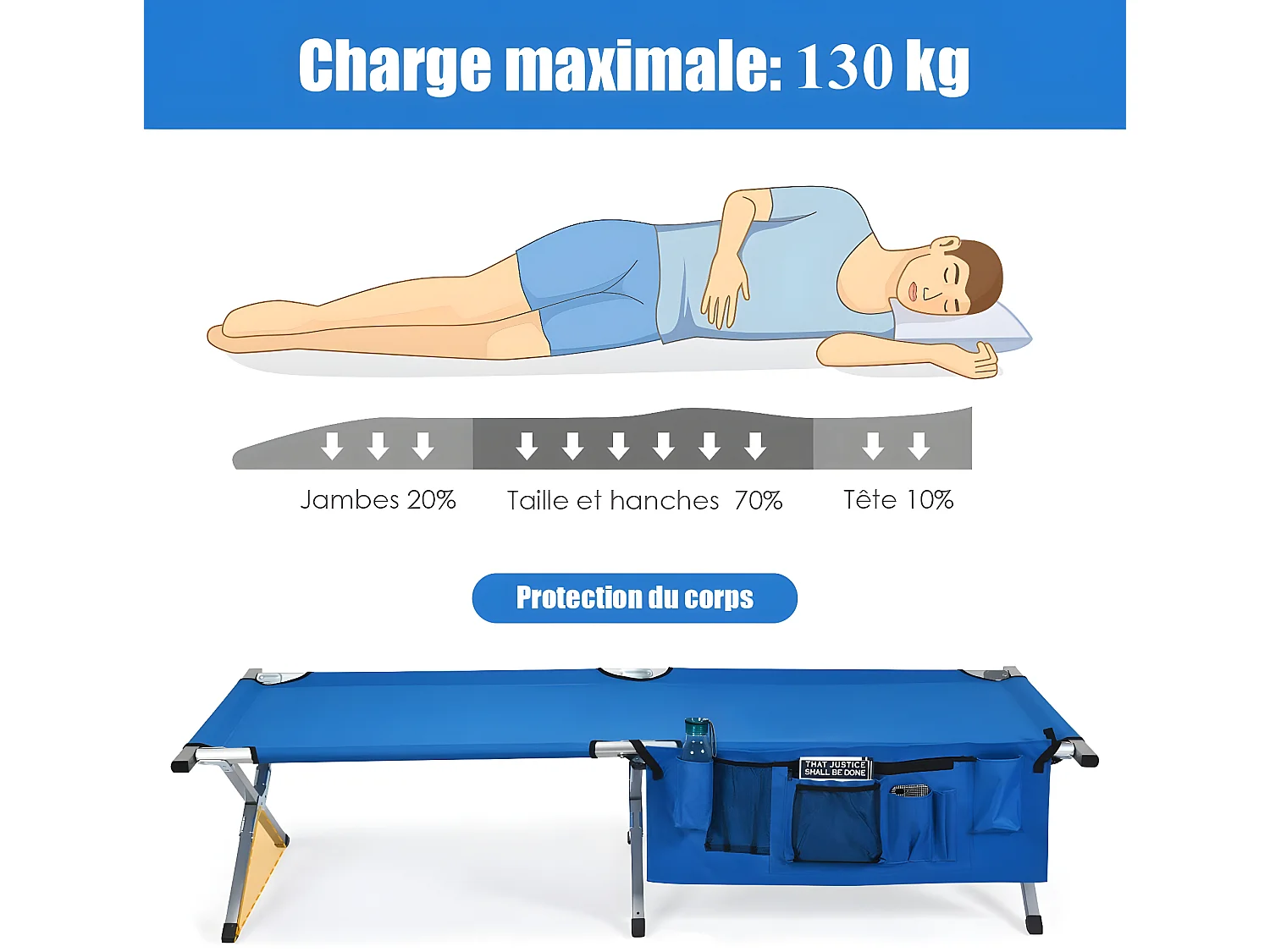 Lit de Camp Pliant 190x73x42CM avec Poches Latérales et Sac de Transport en Tissu et velours Oxford Charge Max 205KG pour Voyage Bleu