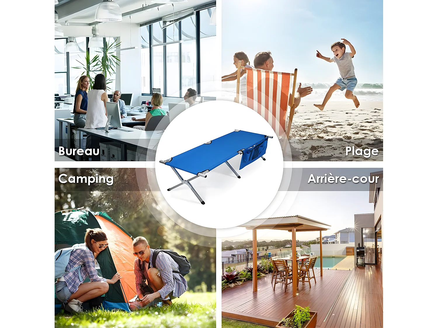 Lit de Camp Pliant 190x73x42CM avec Poches Latérales et Sac de Transport en Tissu et velours Oxford Charge Max 205KG pour Voyage Bleu